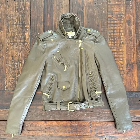 MICHAEL Michael Kors dark olive brown lamb leather moto jacket size S. EUC. - Picture 4 of 8